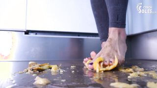 Crushing fruits under her sexy bare feet, POV (food crushing, POV trample, bare feet, POV feet)