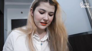 Teen foot model writing and drawing with her bare feet (BIG feet, foot teasing, teen feet, soles)