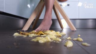 POV foot crushing and feeding you banana with honey (long toes, bare feet, foot teasing, foot feed)