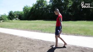 Public dirty bare feet in park (flip flops, public foot teasing, long teos, petite girl feet, toes)