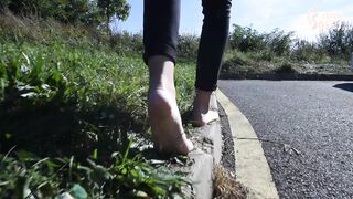 Barefoot walking and dirty feet on rails (long toes, foot teasing, sexy feet, petite, public feet)