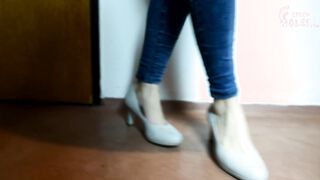 Trying high heels on her sexy feet (foot tease, shoe fetish, big feet, sexy soles, foot goddess)