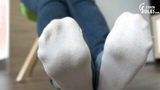 Very smelly and worn white Puma socks (POV foot worship, socks worship, stinky socks, foot smelling)