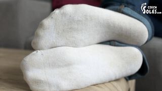 Very smelly and worn white Puma socks (POV foot worship, socks worship, stinky socks, foot smelling)