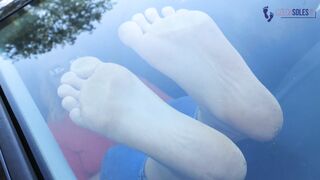 Big size 43 feet on a road trip (BBW feet, BIG feet, dirty soles, foot tease, sexy soles, chubby)